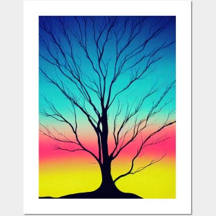 Vibrant Colored Whimsical Minimalist Lonely Tree - Abstract Minimalist Bright Colorful Nature Poster Art of a Leafless Tree Posters and Art